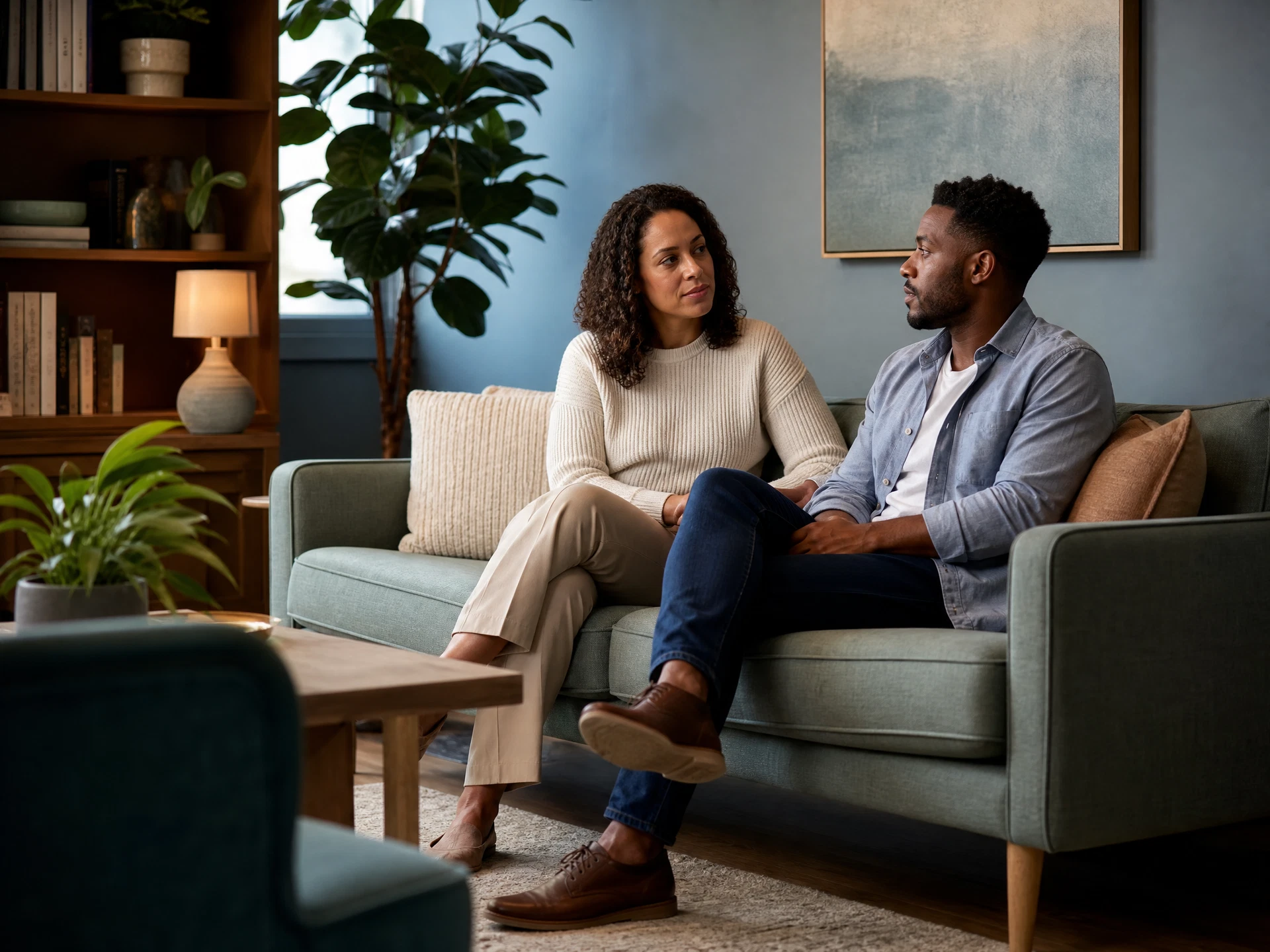 Two adults seated together in a calm, modern therapy office for a relationship-focused conversation